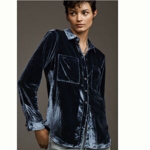 NWT Anthropologie Hadley Velvet Button Down Shirt in Blue by Pilcro